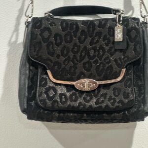 Coach Black Leopard Print Satchel with Silver Details